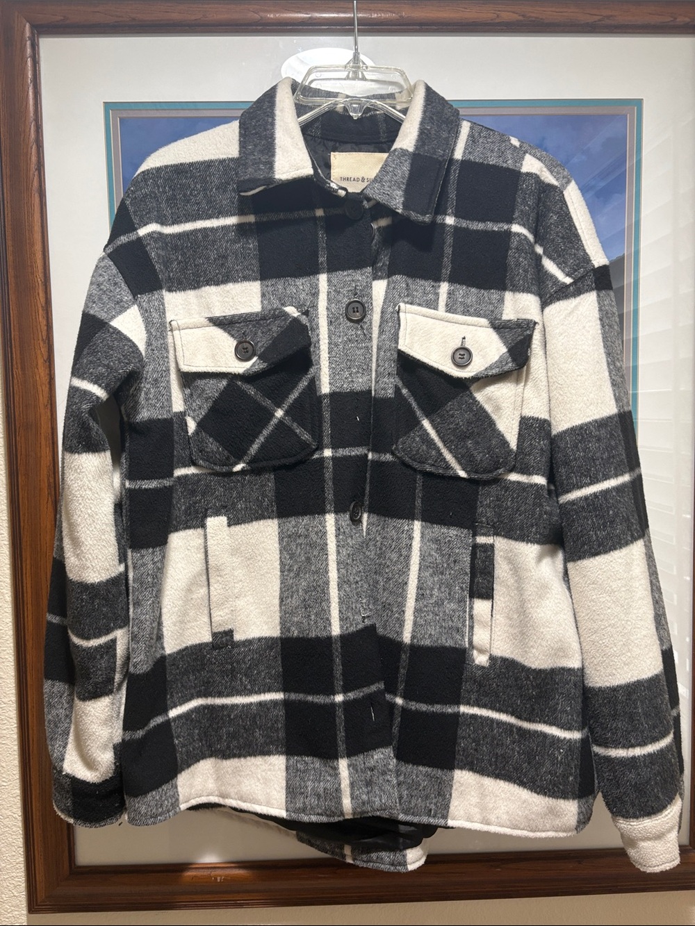 Thread & Supply Black and Gray Plaid Coat.